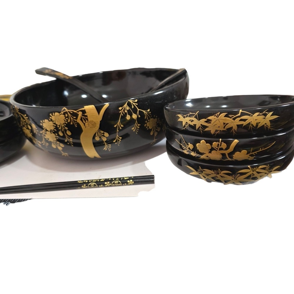 Vintage Japanese Black Gold Lacquer Salad Bowl Set 9 Pc Cherry Blossom Serving